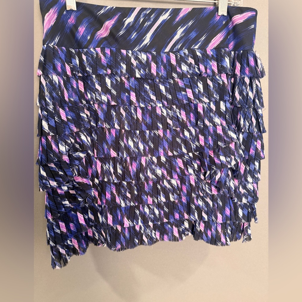 Ann Taylor Tiered Fringe Mini Skirt in Navy, Purple & Pink